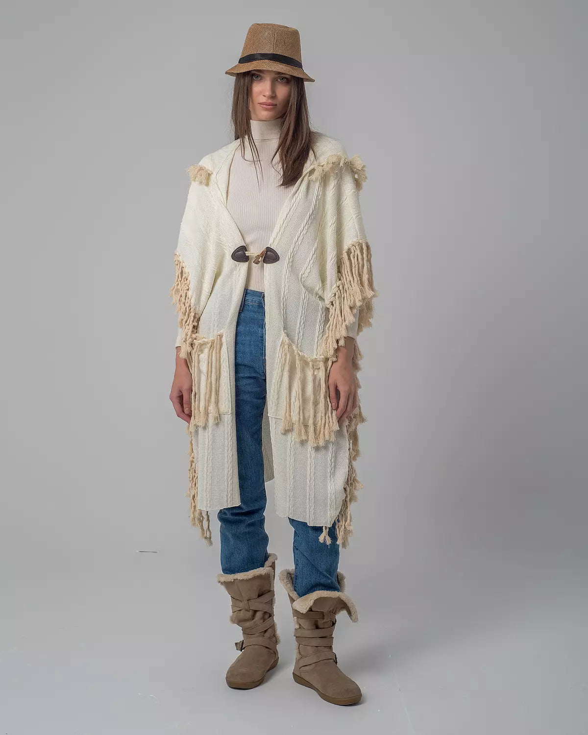 Off-White Boho Handmade Fringes Cape