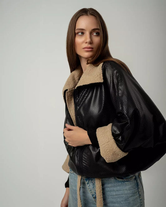 Black Leather Jacket with Beige Wool