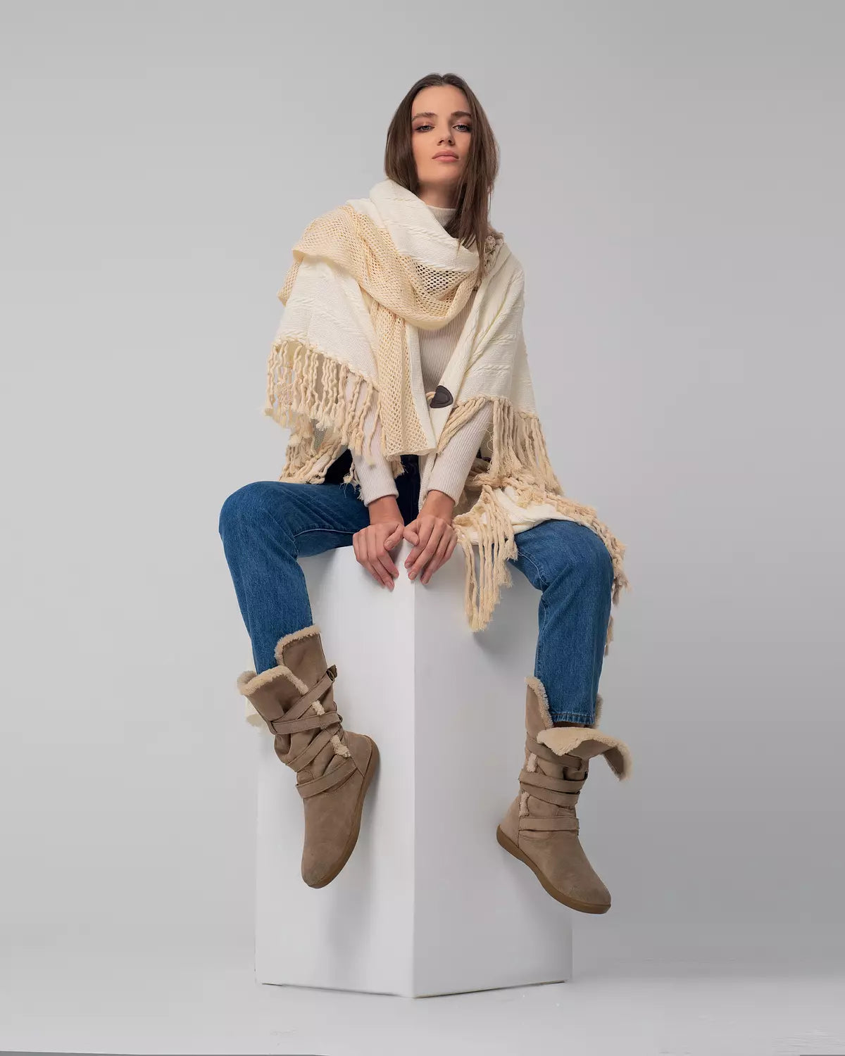 Off-White Boho Handmade Fringes Cape
