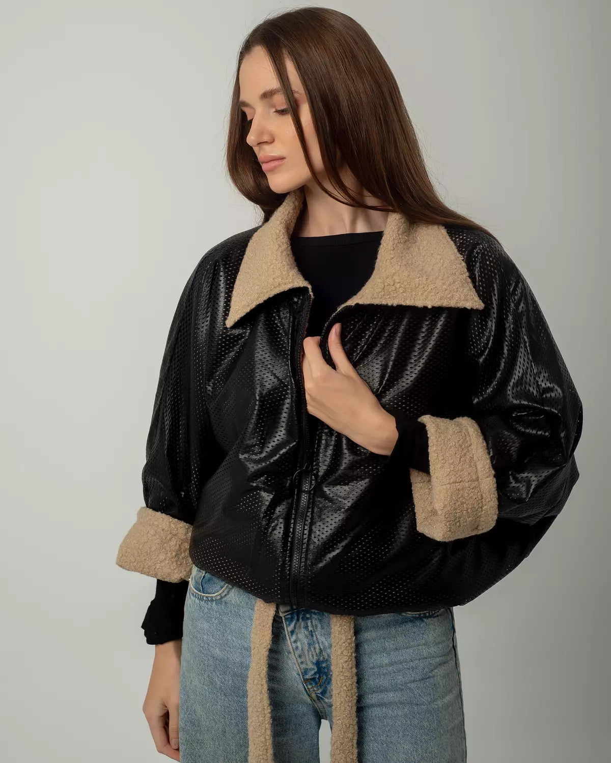 Black Leather Jacket with Beige Wool