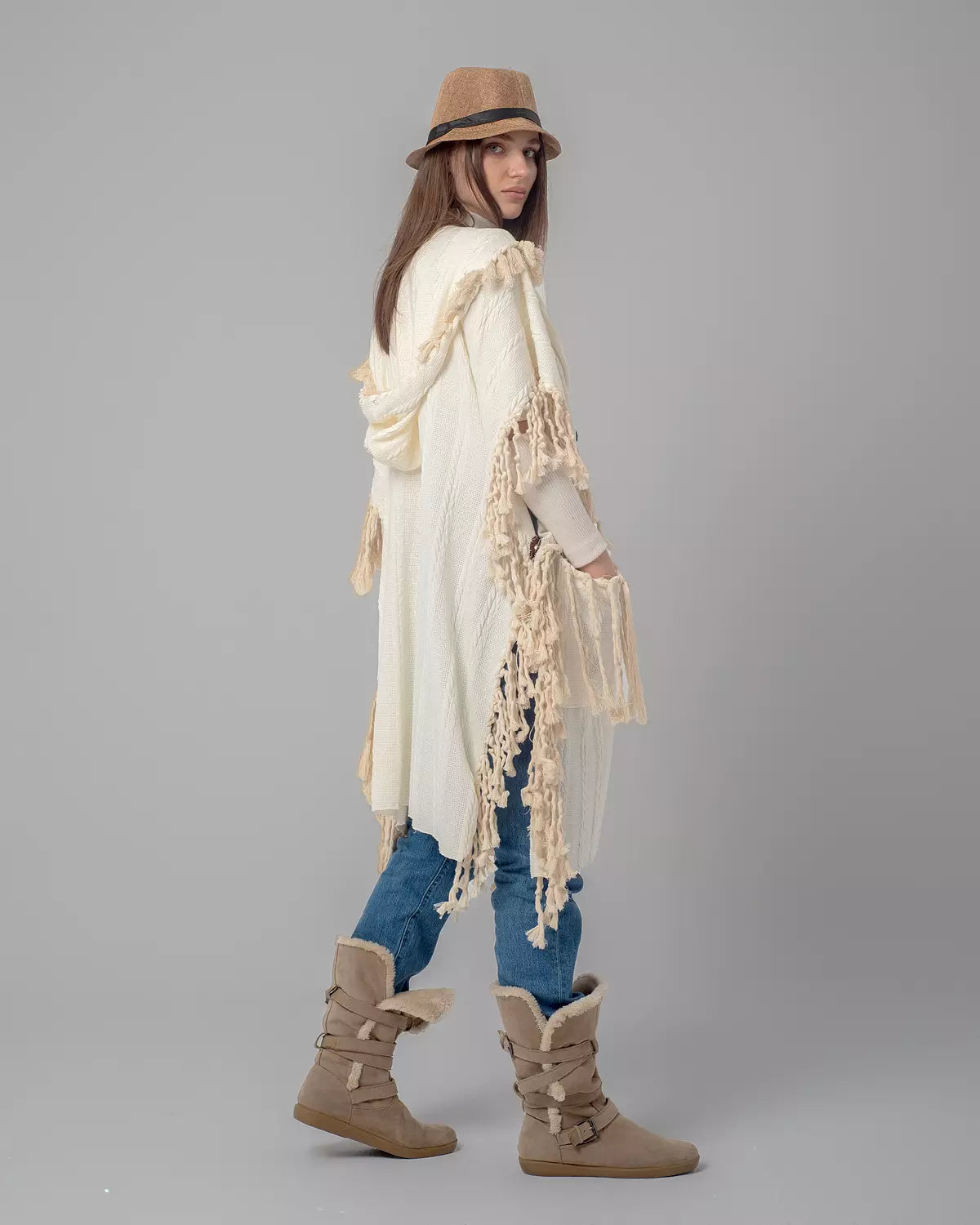 Off-White Boho Handmade Fringes Cape