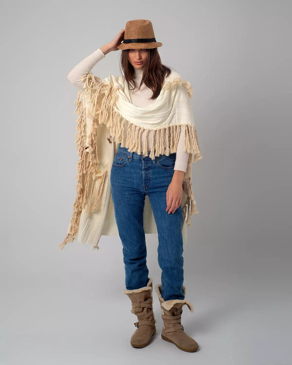 Off-White Boho Handmade Fringes Cape