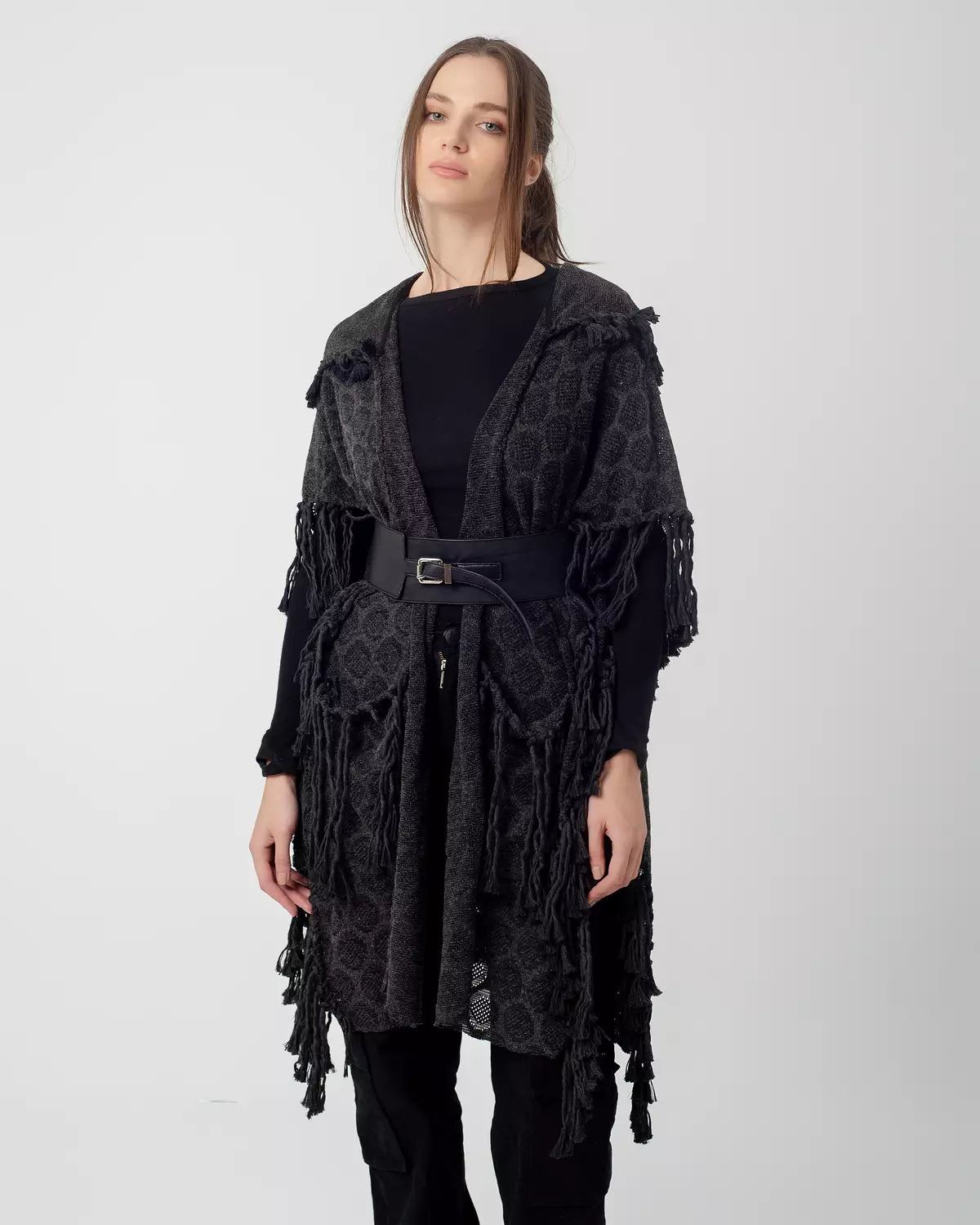 Dark Grey Boho Handmade Fringes Cape