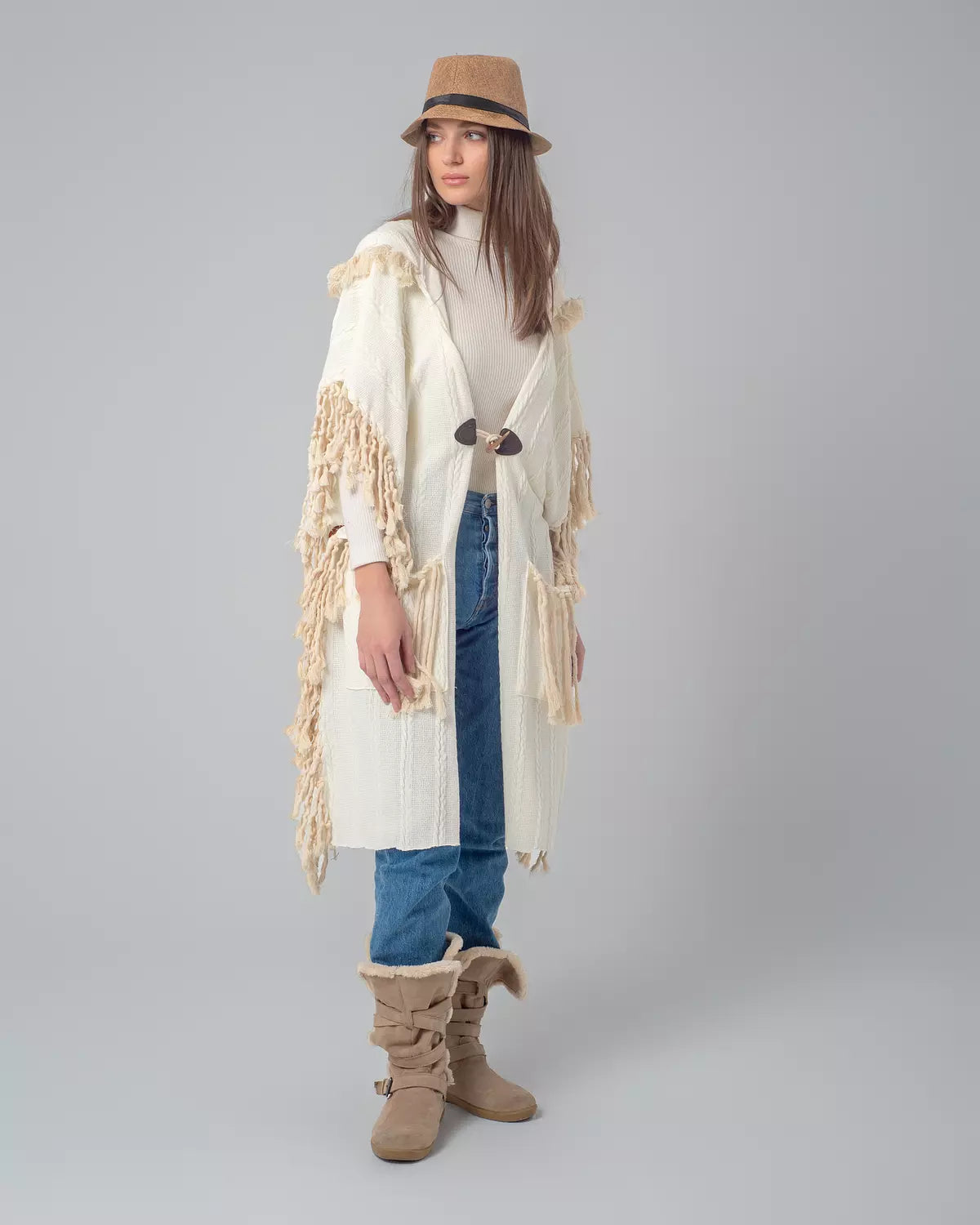 Off-White Boho Handmade Fringes Cape