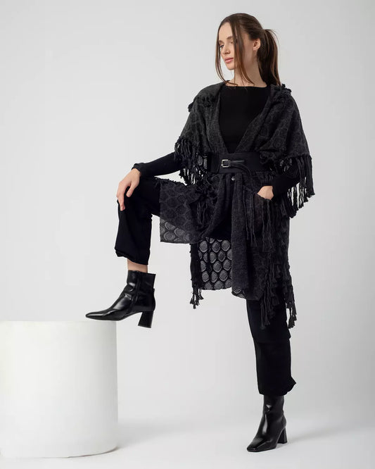 Dark Grey Boho Handmade Fringes Cape