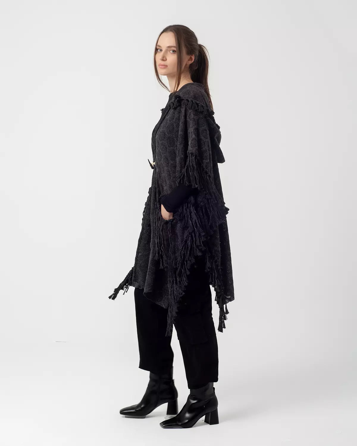 Dark Grey Boho Handmade Fringes Cape