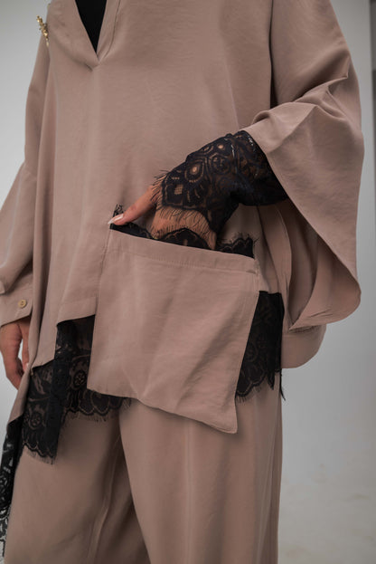 Camellia Blouse Coffee - Black Lace