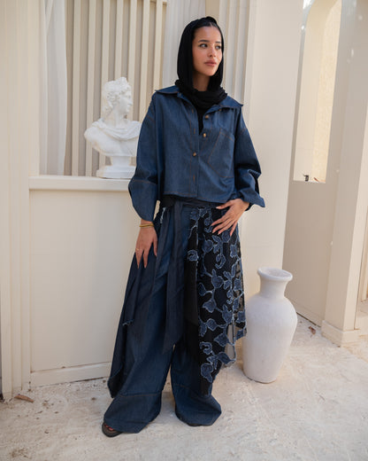 Floral Belt Skirt - Dark Blue Jeans