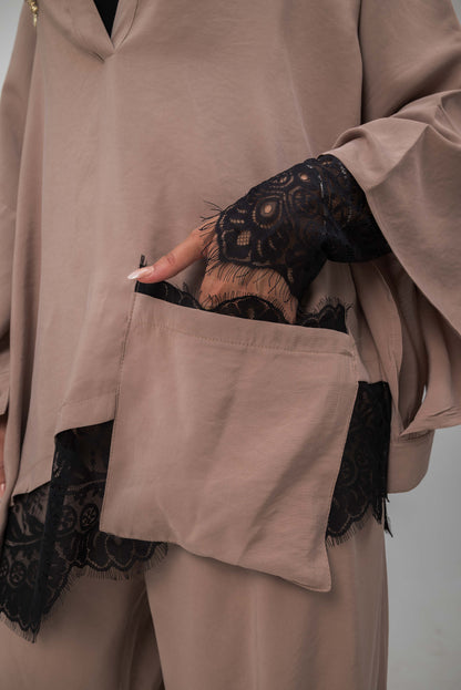 Camellia Blouse Coffee - Black Lace