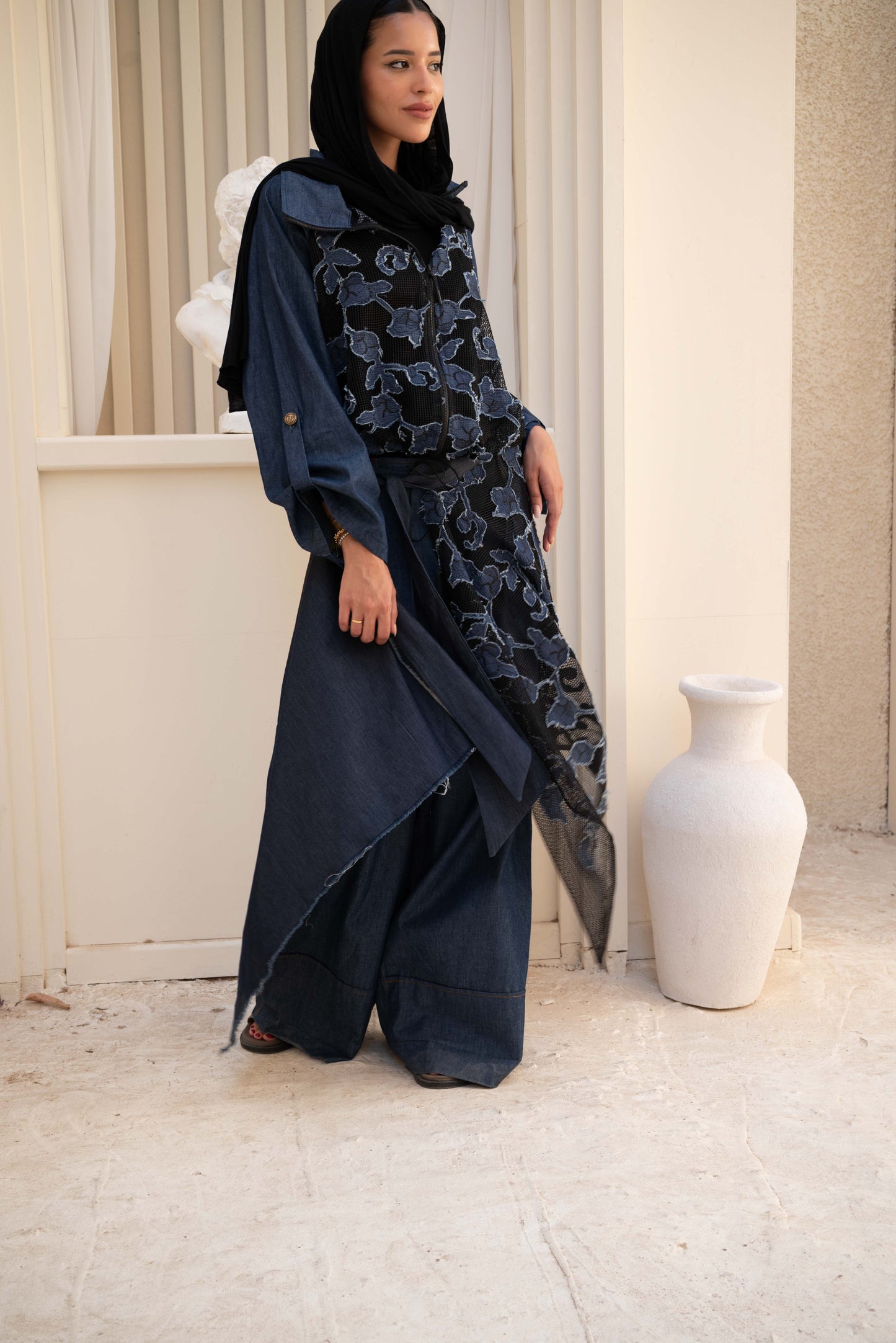 Floral Belt Skirt - Dark Blue Jeans