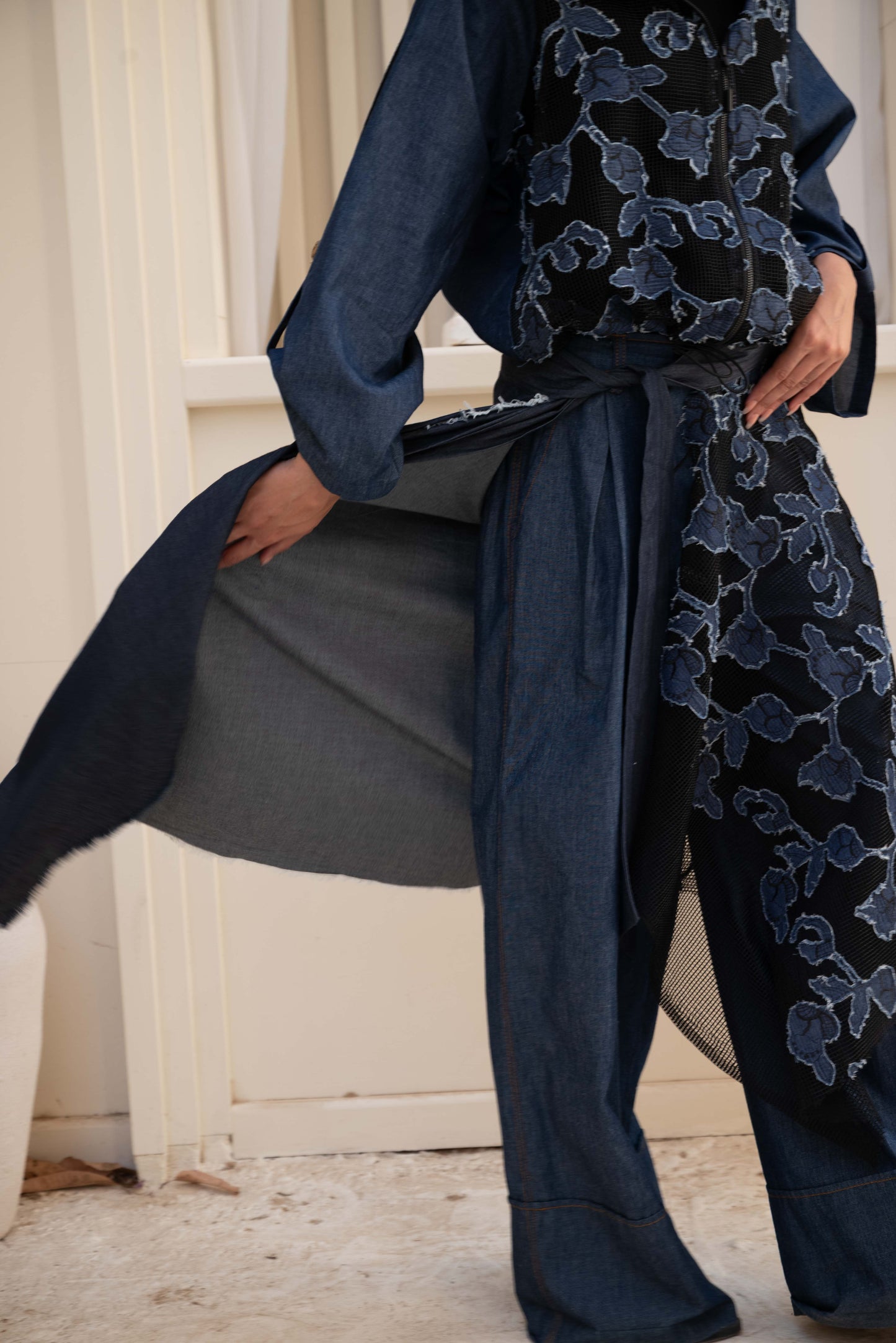 Floral Belt Skirt - Dark Blue Jeans
