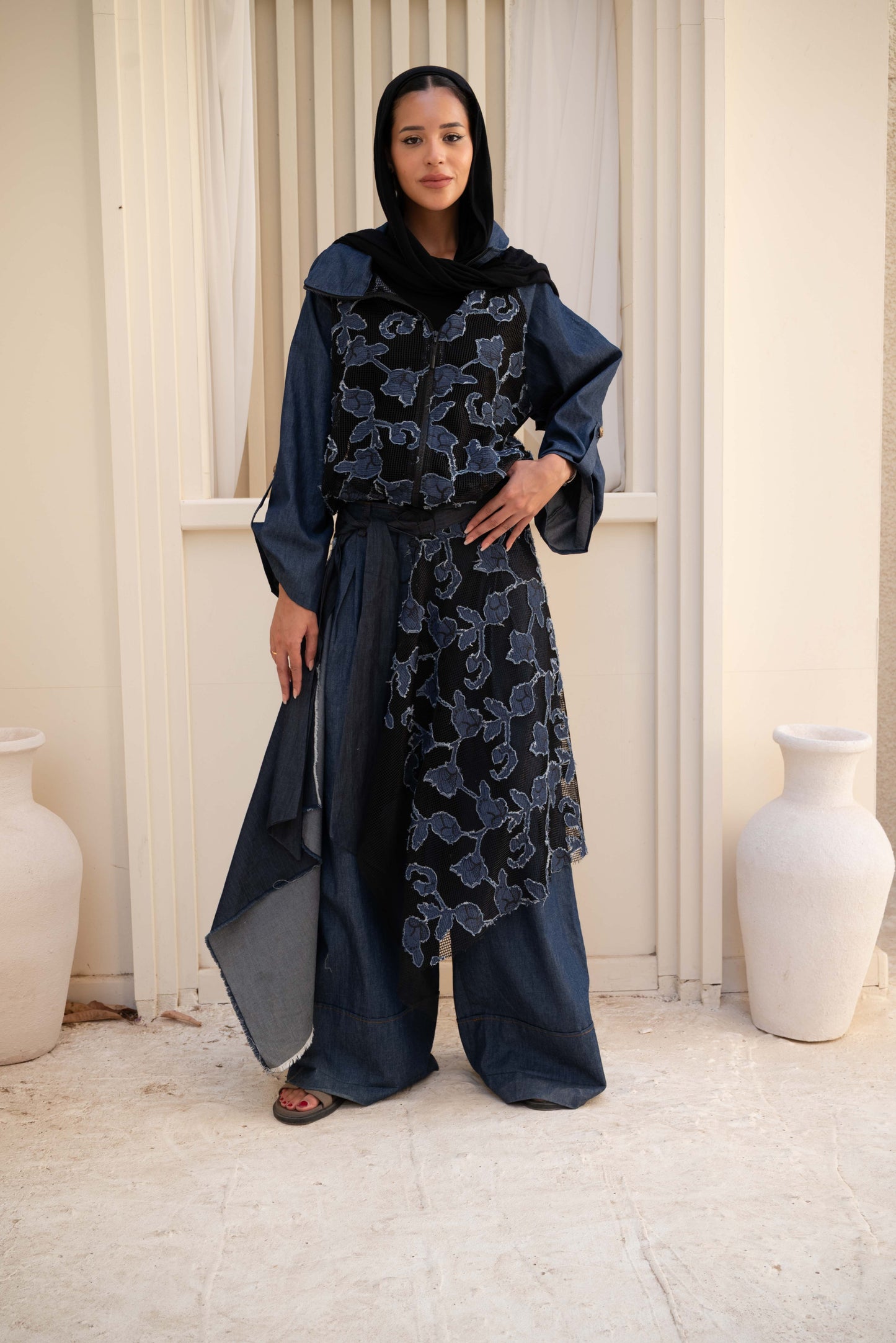 Floral Belt Skirt - Dark Blue Jeans