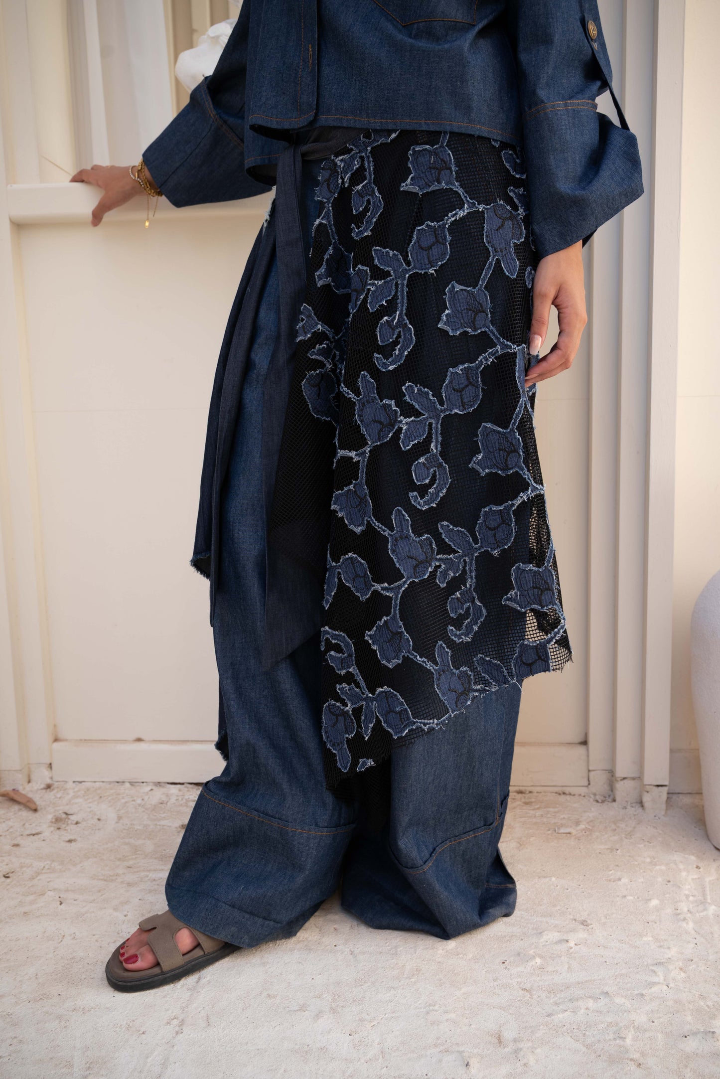 Floral Belt Skirt - Dark Blue Jeans
