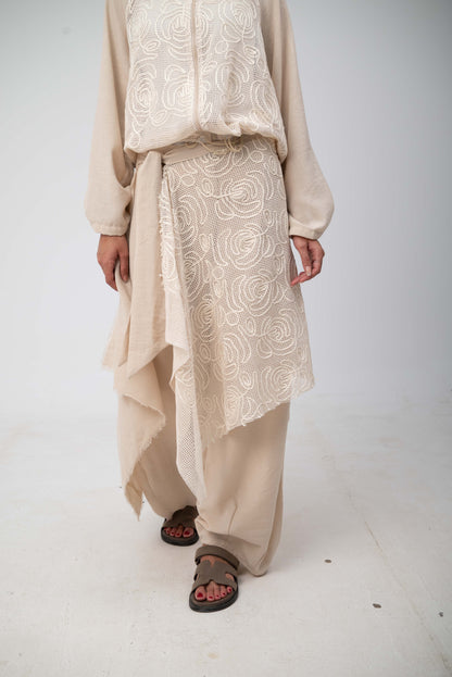 Floral Belt Skirt - Beige