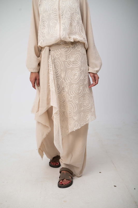 Floral Belt Skirt - Beige