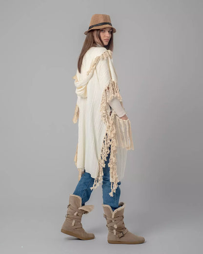 Off-White Boho Handmade Fringes Cape 