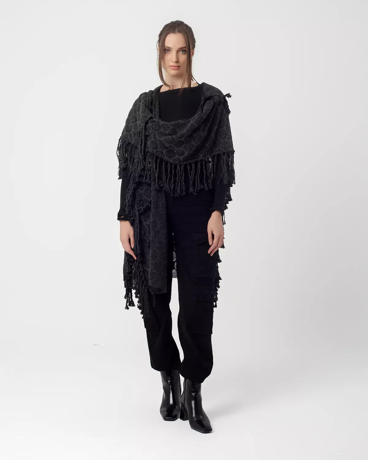 Dark Grey Boho Handmade Fringes Cape