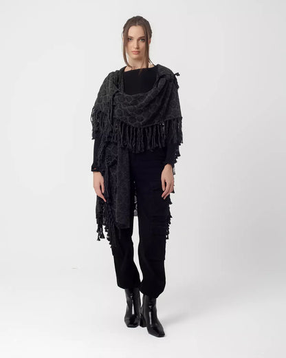 Dark Grey Boho Handmade Fringes Cape