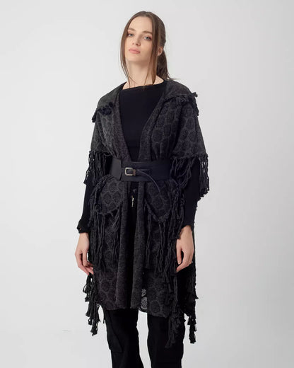 Dark Grey Boho Handmade Fringes Cape