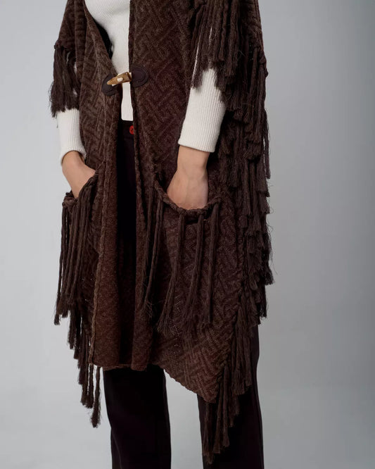 Brown Boho Handmade Fringes Cape 