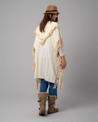 Off-White Boho Handmade Fringes Cape 