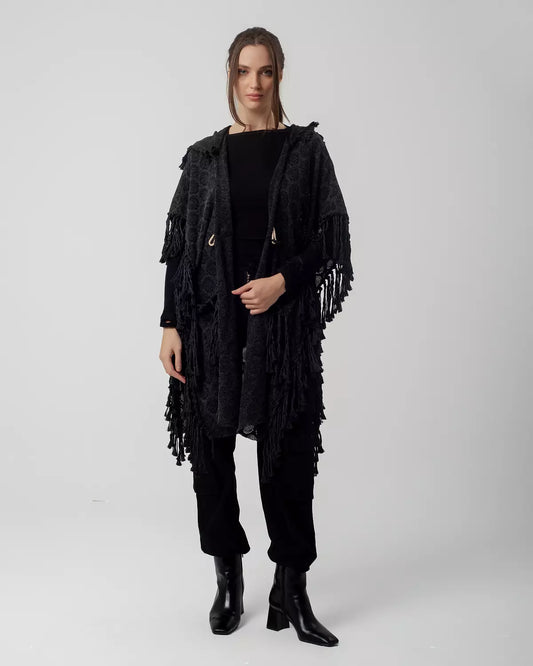 Dark Grey Boho Handmade Fringes Cape