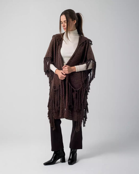 Brown Boho Handmade Fringes Cape 
