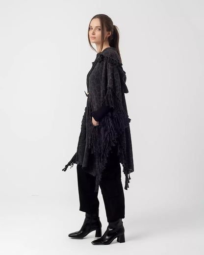 Dark Grey Boho Handmade Fringes Cape